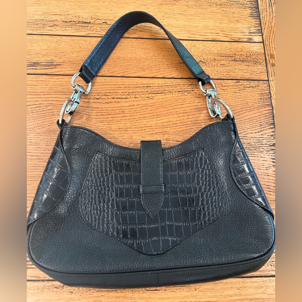 Black Croc-Embossed Shoulder Bag